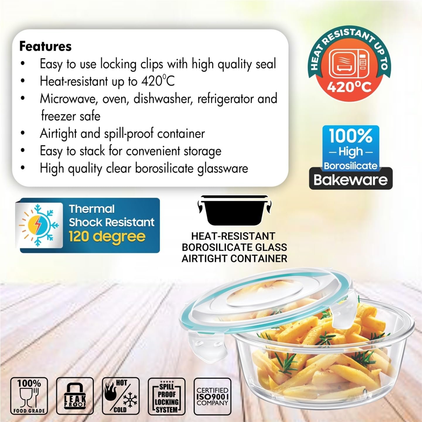 Signora Ware Lock N Store Borosilicate Glass Round Container | Microwave & Dishwasher Safe | Heat Resistant | Air tight & Spill Proof | Storing leftover | Best for Baking & Serving (620 ml | Clear) - Image 4