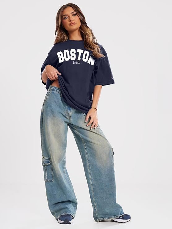 LEOTUDE Women Cottonblend Drop Shoulder Oversized Round Neck Half Sleeve - Image 3