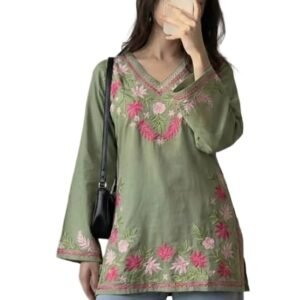 ANNI Designer Short Kurti for Women Viscose Embroidered | Kurti for Woman Regular Fit | V-Neck Full Sleeve Stylish Ladies Top Ethnic Wear Womens Clothing Trendy Kurta Tops